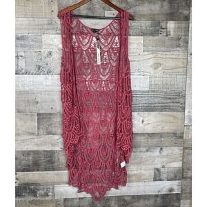 COCO‎ CARMEN Womens S M Long Red  Crochet Open Front Cardigan Duster Maxi Kimono